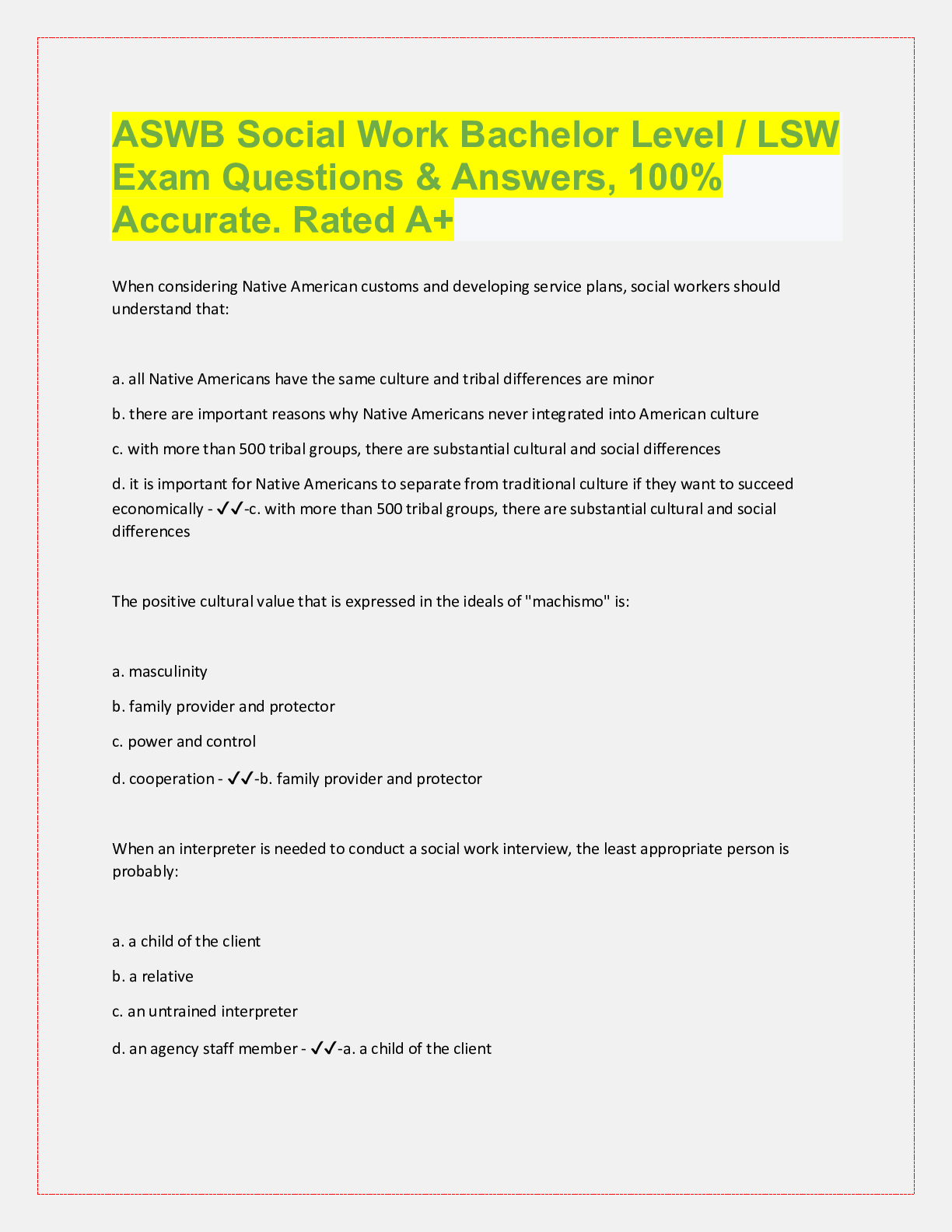 Preview image for ASWB Social Work Bachelor Level / LSW Exam Questions and answers. 2022/ 2023. Rated A+